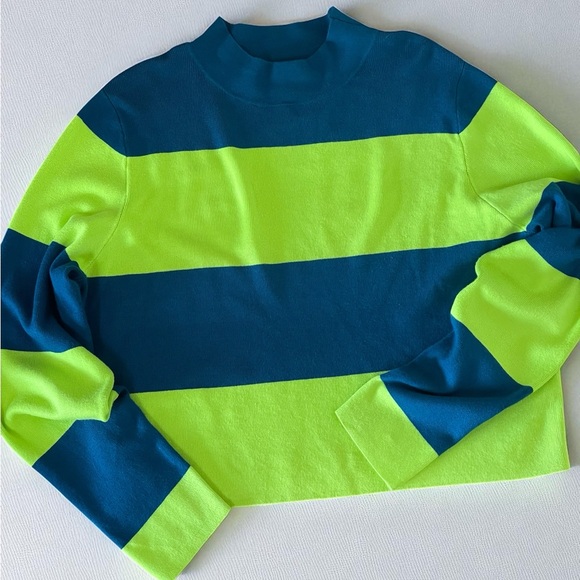 Victor Glemaud Teal Neon Lime Green Stripes Sweater Sz XL Cropped Soft Knit - Picture 1 of 9